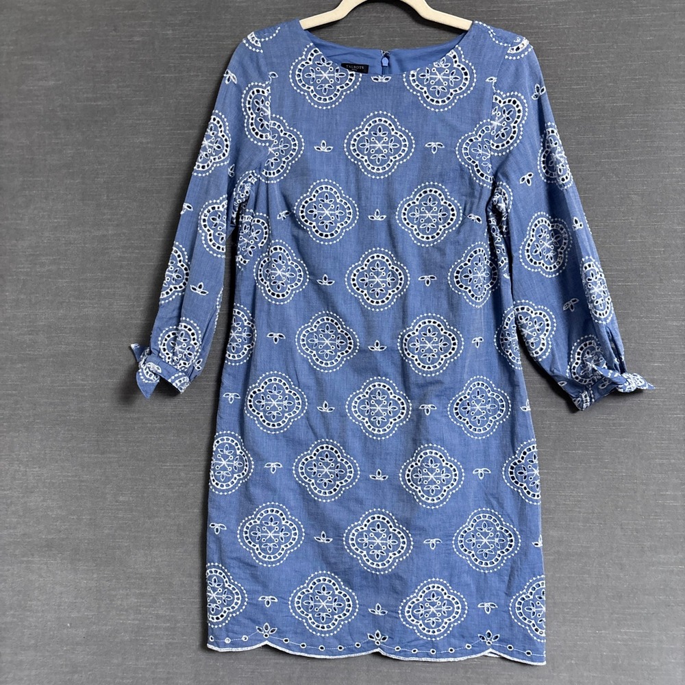 Talbots Dress 6 Petite Blue Cotton Eyelet Tie Sleeve Scallop Hem Shift Preppy